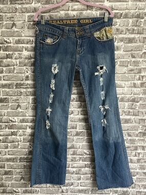 Realtree Girl Distressed Flare Leg Blue Jean,Back Flap Camo Pockets, Y2K, Sz 8